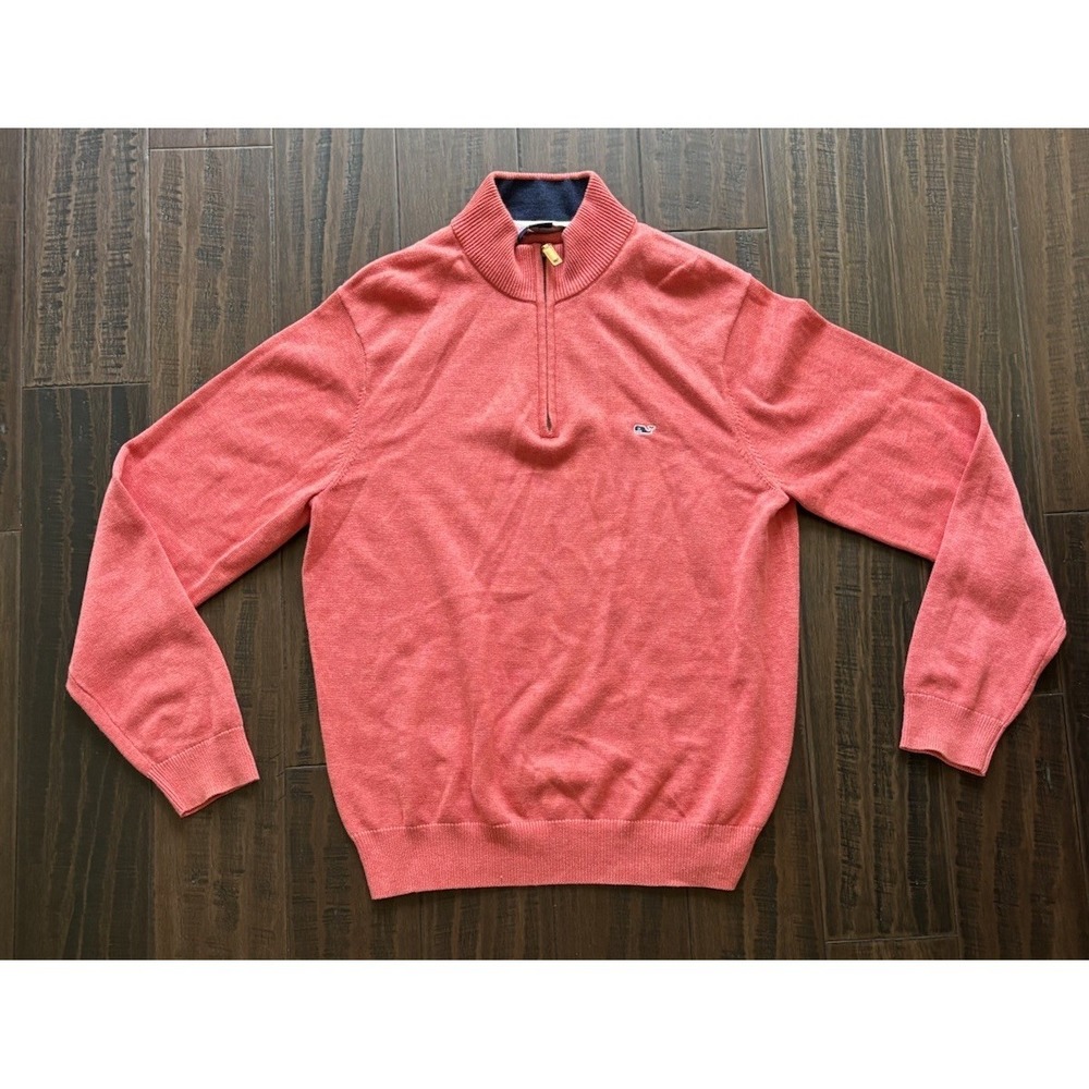 Vineyard Vines Sweater Mens M Salmon Peach Shep & Ian Cotton 1/4 Zip Logo